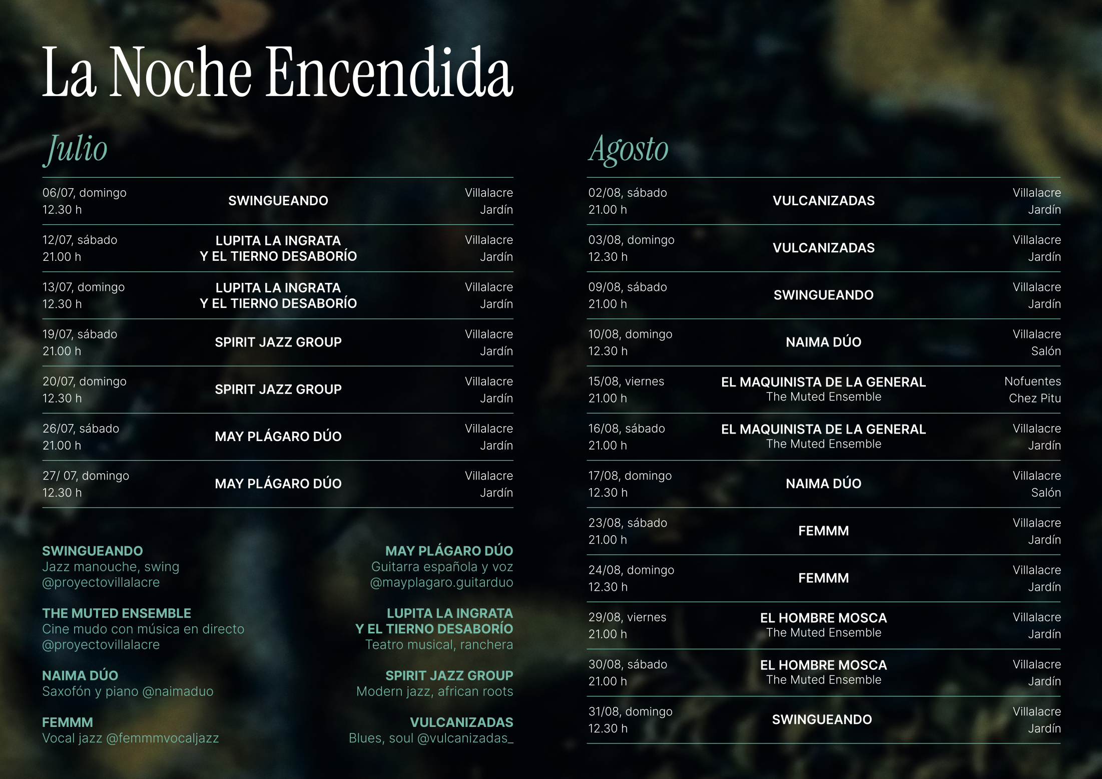 Calendario de conciertos La Noche Encendida – Proyecto Villalacre Calendario de conciertos La Noche Encendida - Proyecto Villalacre